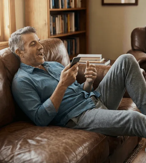Man in casual clothes reclining on a brown leather couch, talking to Mindoo agent holding his smartphone.
