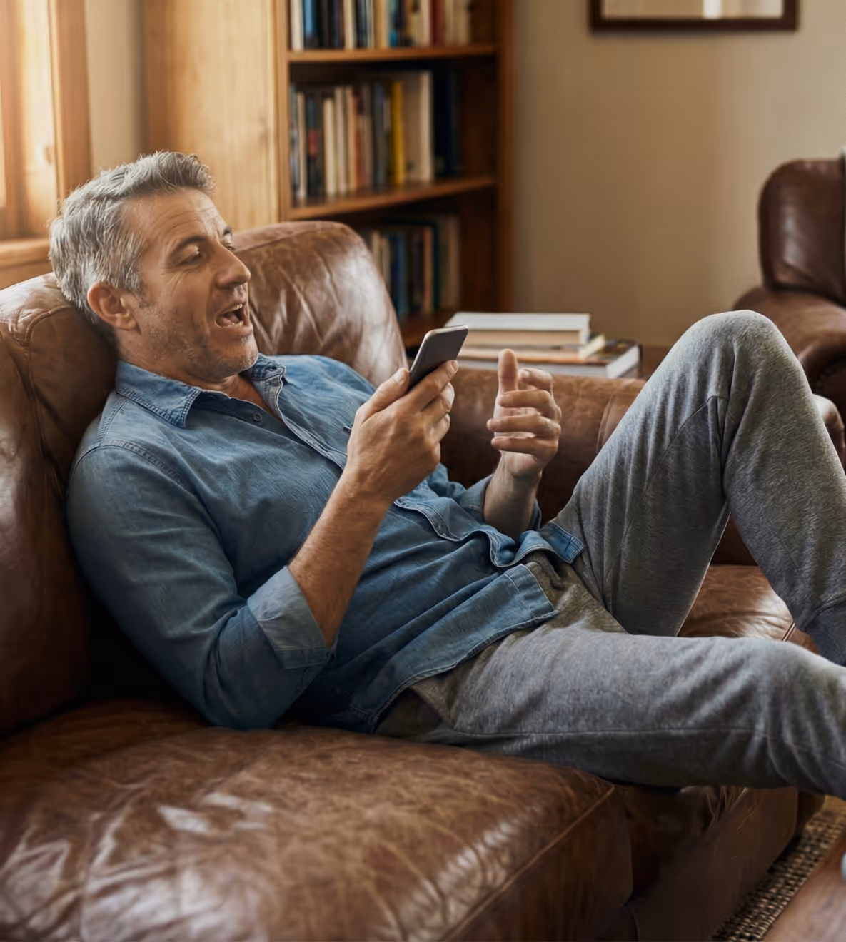 Man in casual clothes reclining on a brown leather couch, talking to Mindoo agent holding his smartphone.