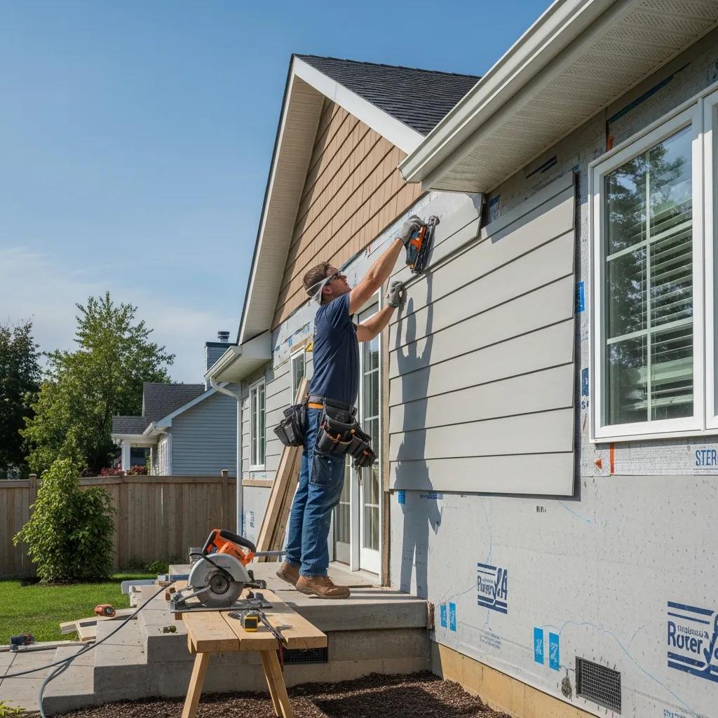 Fiber cement siding installation process with a professional installer at work