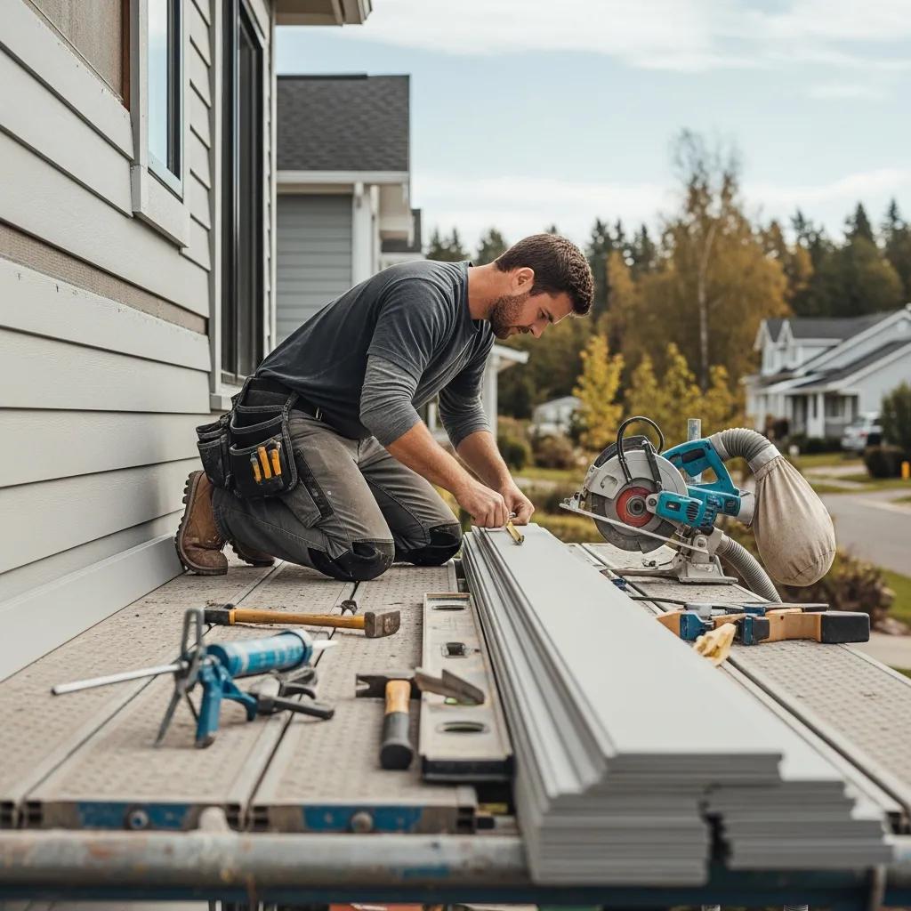 Professional contractor installing fiber cement siding with precision tools