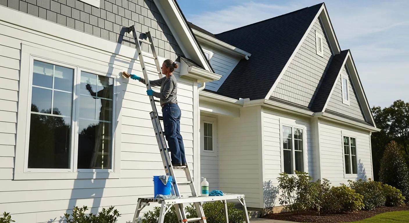 Homeowner inspecting and maintaining James Hardie siding on their home