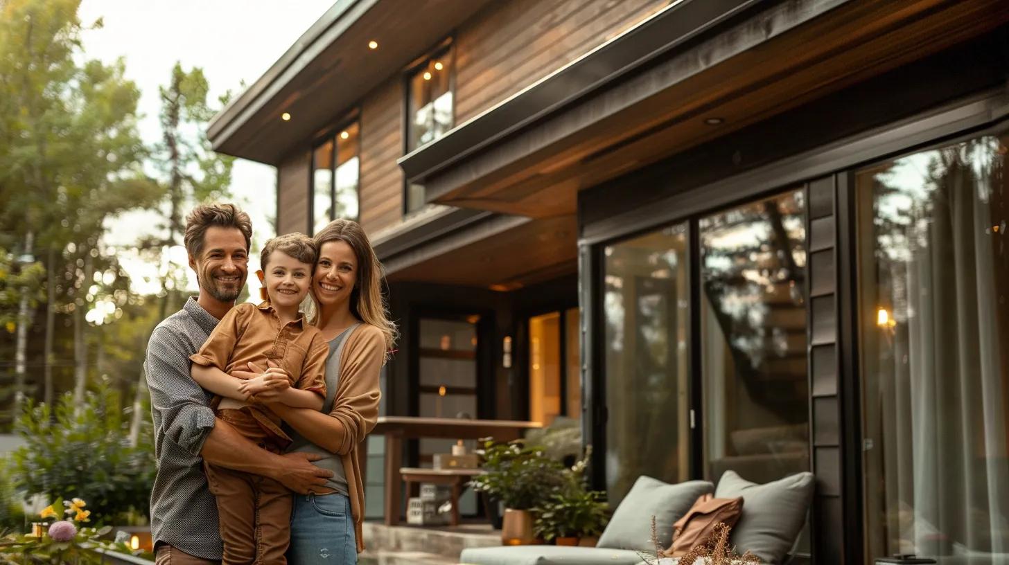 Happy family in front of their home with Maibec wood siding, illustrating client satisfaction and benefits