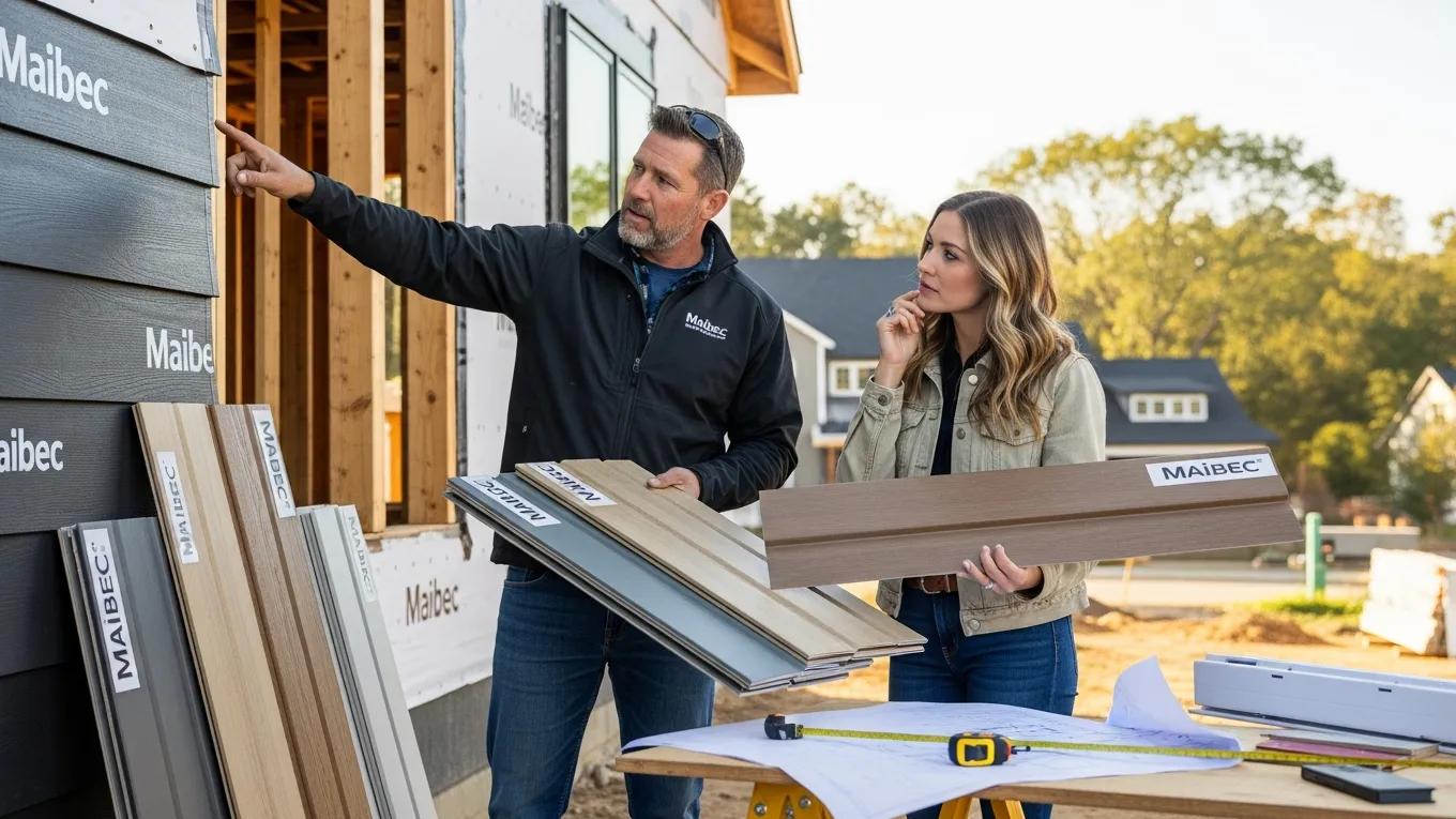 Contractor and homeowner discussing Maibec siding installation plans with material samples