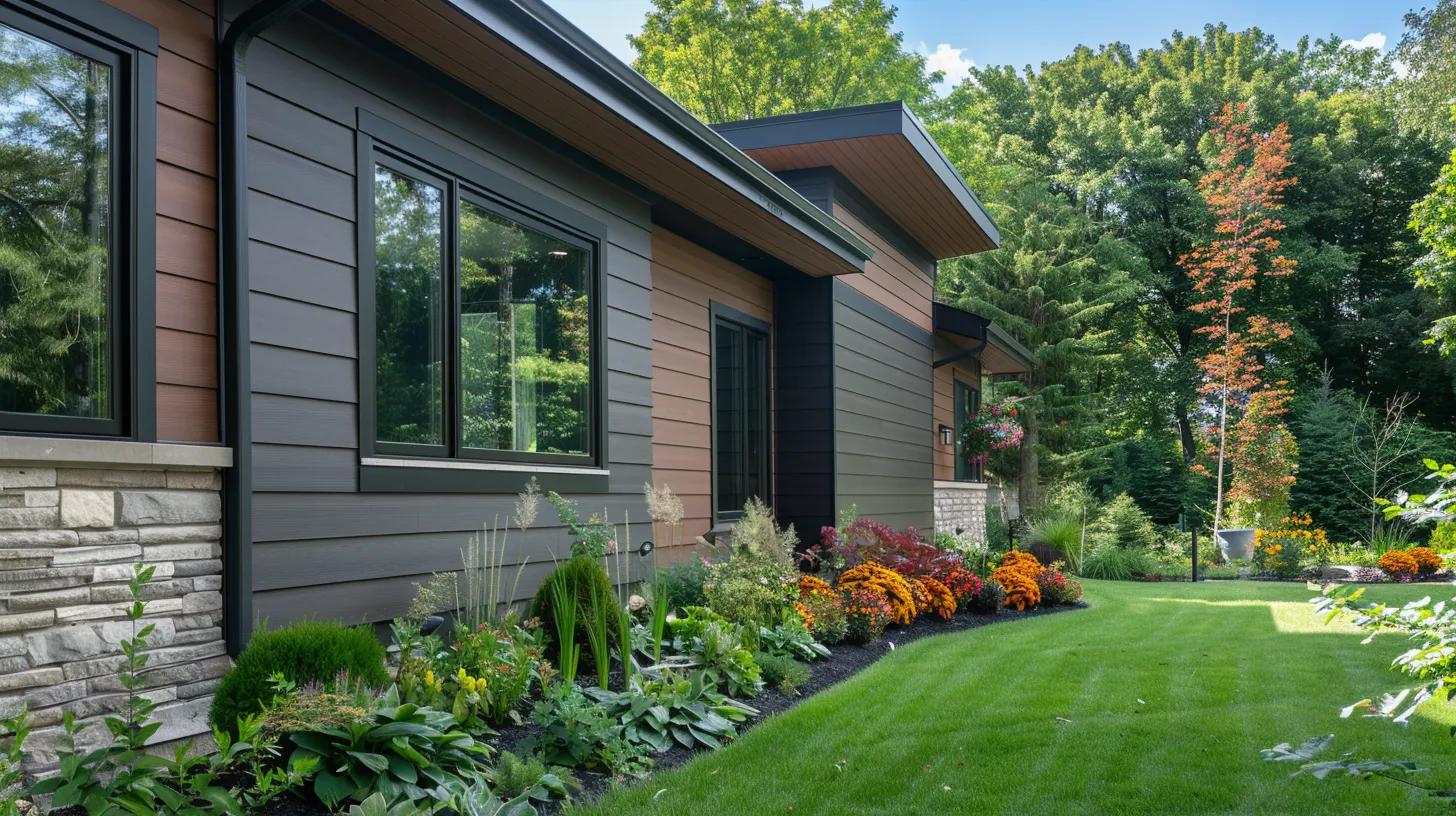 Beautifully installed Maibec siding on a modern home surrounded by a well-maintained garden