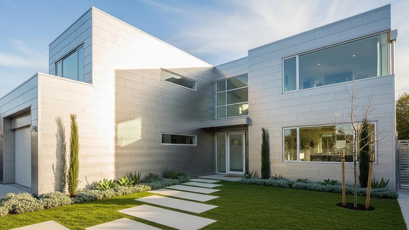 Modern home featuring durable metal siding with vibrant landscaping
