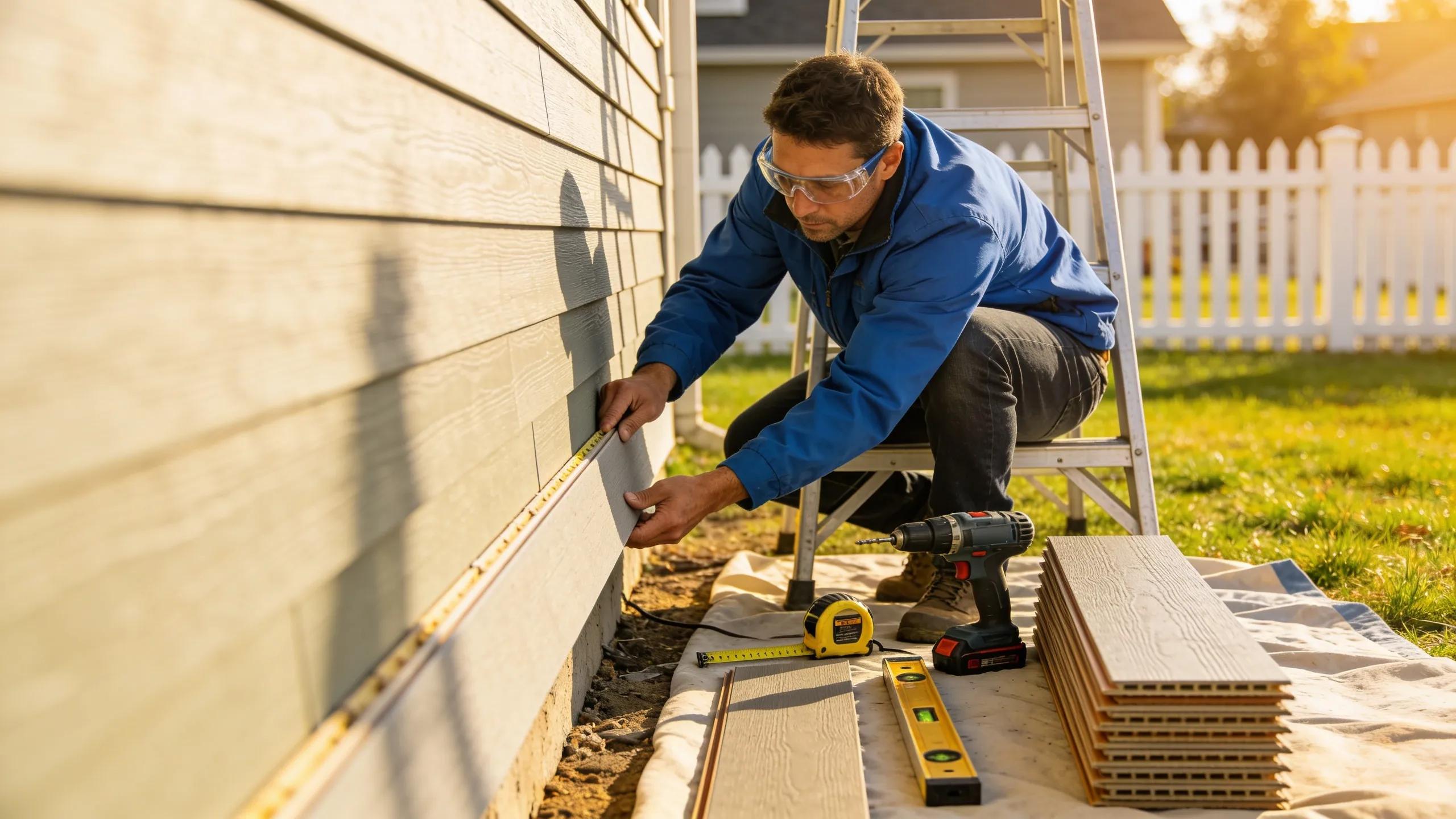 Skilled contractor installing fiber cement siding on a home, illustrating expert installation techniques.