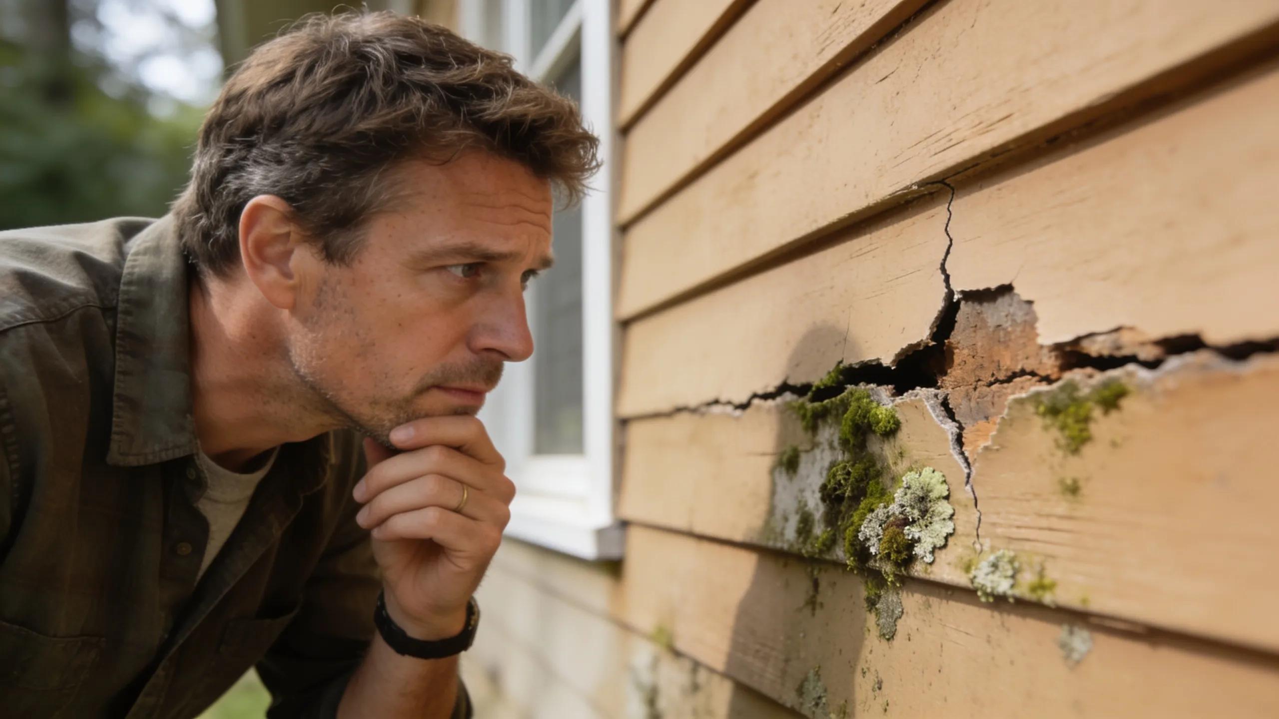 Homeowner inspecting visible signs of damage on siding indicating repair needs