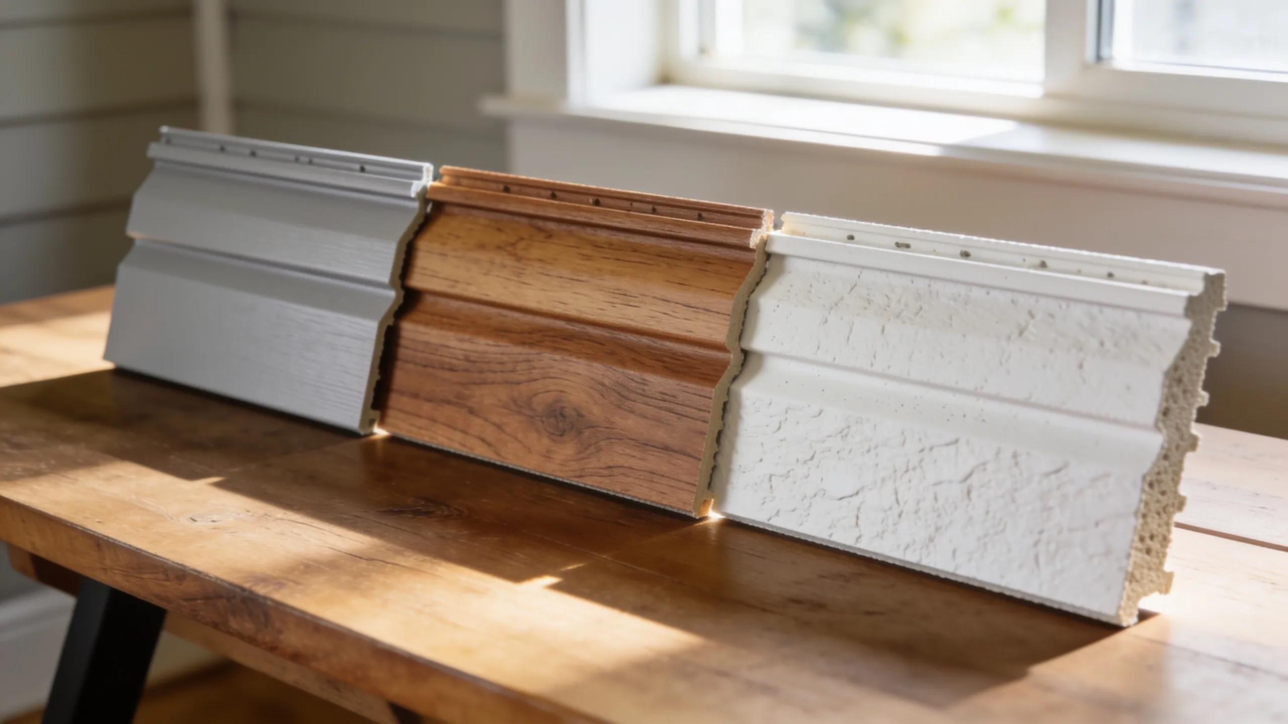 Various siding materials displayed for comparison in repair or replacement projects