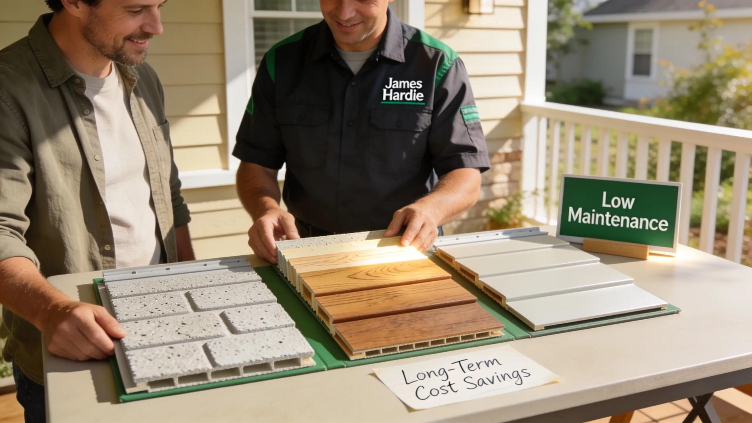 Homeowners discussing siding options with a professional, focusing on the cost-effectiveness of James Hardie siding compared to others