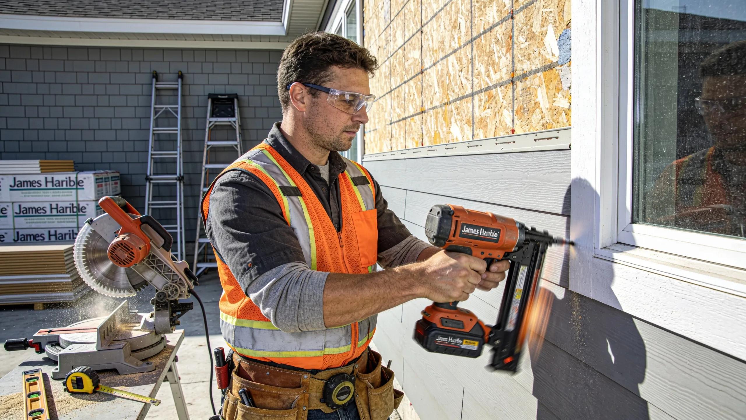 Professional contractor installing James Hardie siding on a home showing installation process and craftsmanship