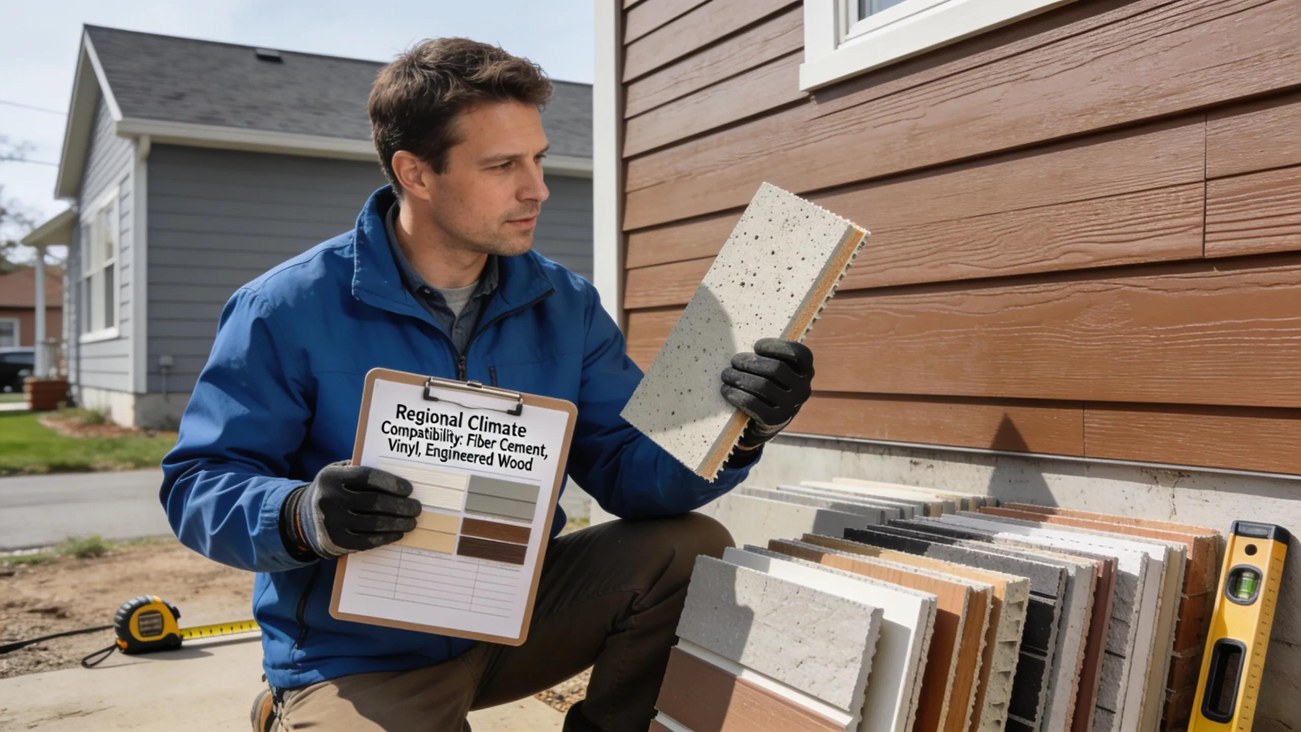 Local contractor examining siding materials suitable for regional climate conditions
