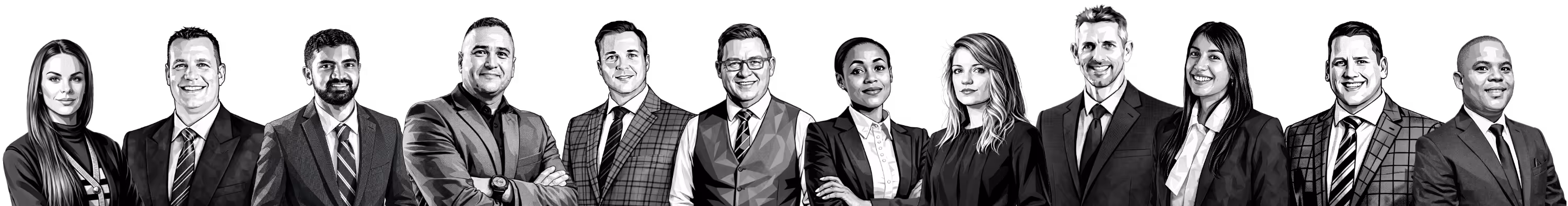 Black and white digital illustration of a group of professionally dressed men and women standing side by side facing forward.