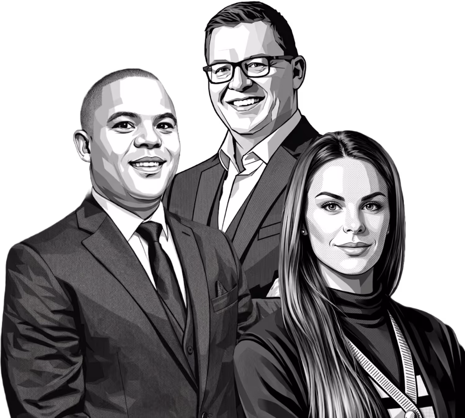 Black and white digital illustration of three professionally dressed individuals, two men and one woman, smiling and posing together.