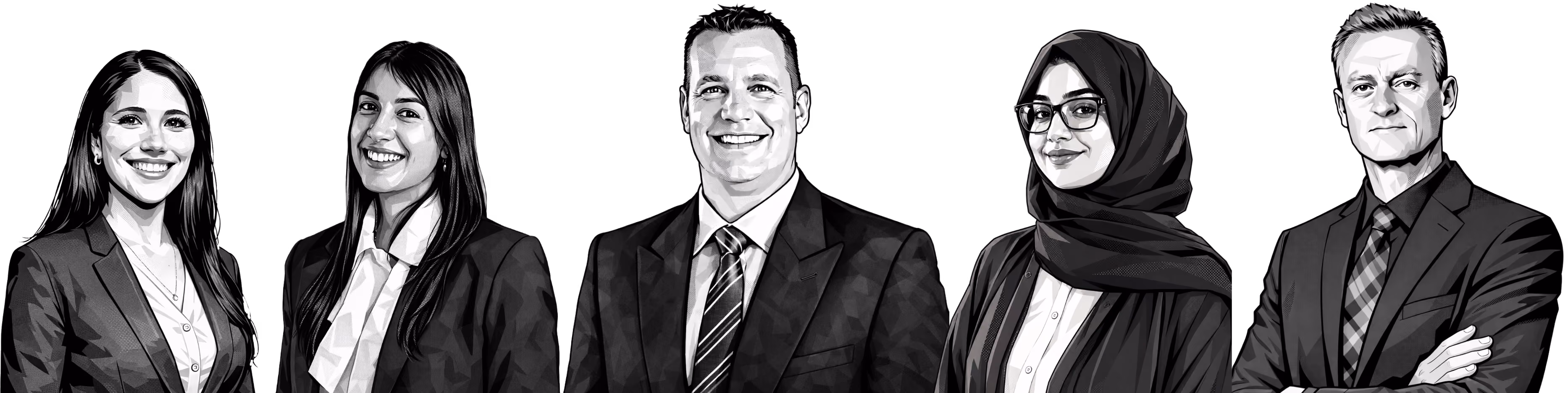 Black and white illustration of five diverse professionals wearing business attire.