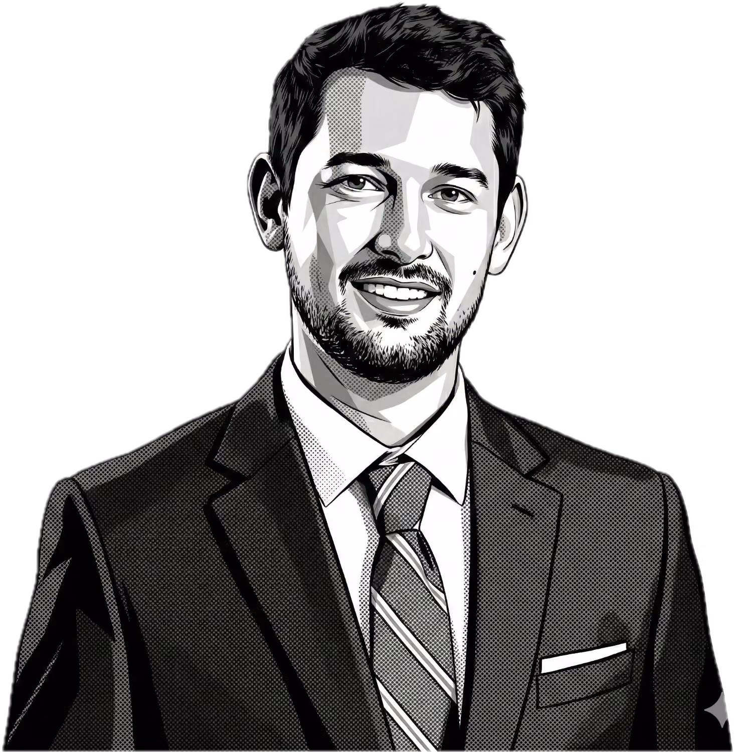 Black and white stylized portrait of a smiling man in a suit and striped tie with a pocket square.