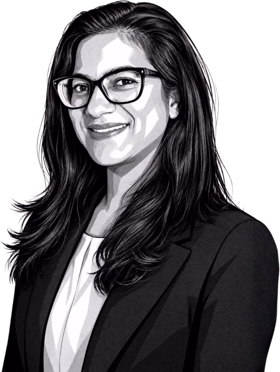 Black and white sketch of a smiling woman with glasses wearing a blazer and blouse.