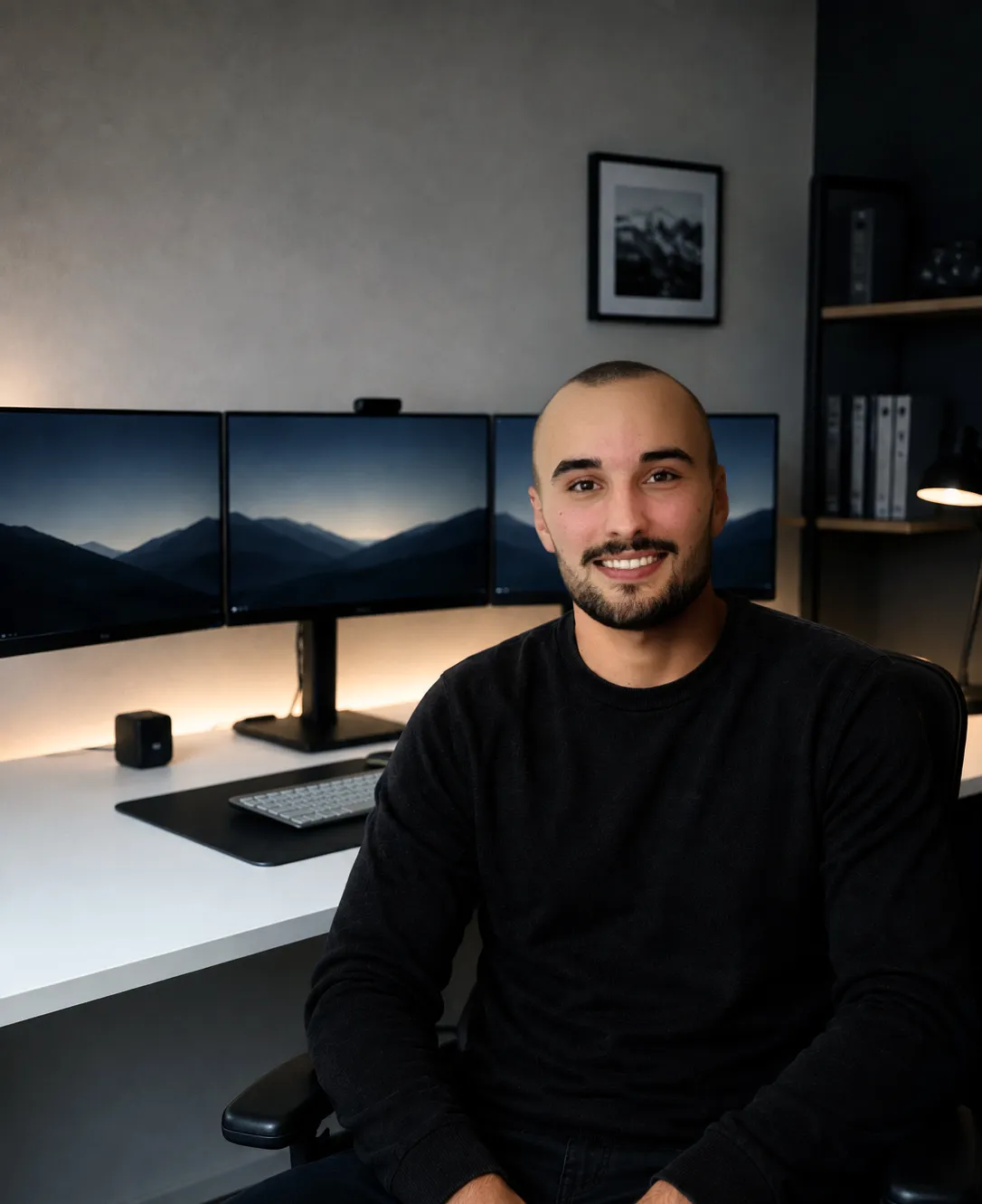 Moritz Kircher sitzt vor drei Monitoren und einem weißen Schreibtisch.