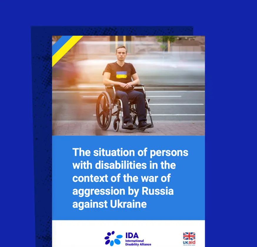 The situation of persons with disabilities in the context of the war of aggression by Russia against Ukraine. A wheelcahr user on the cover