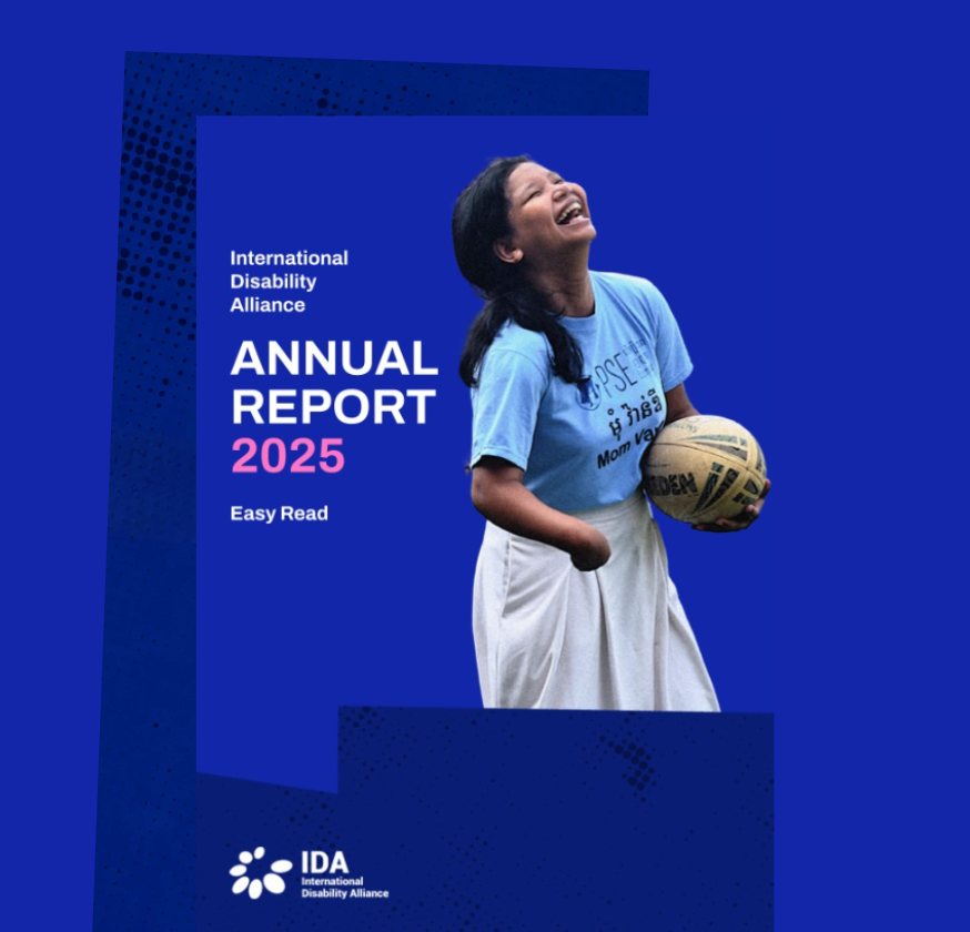 A girl with a physical disability holding a rugby ball. Internaional Disability Alliance. Annual report. Easy read 2025