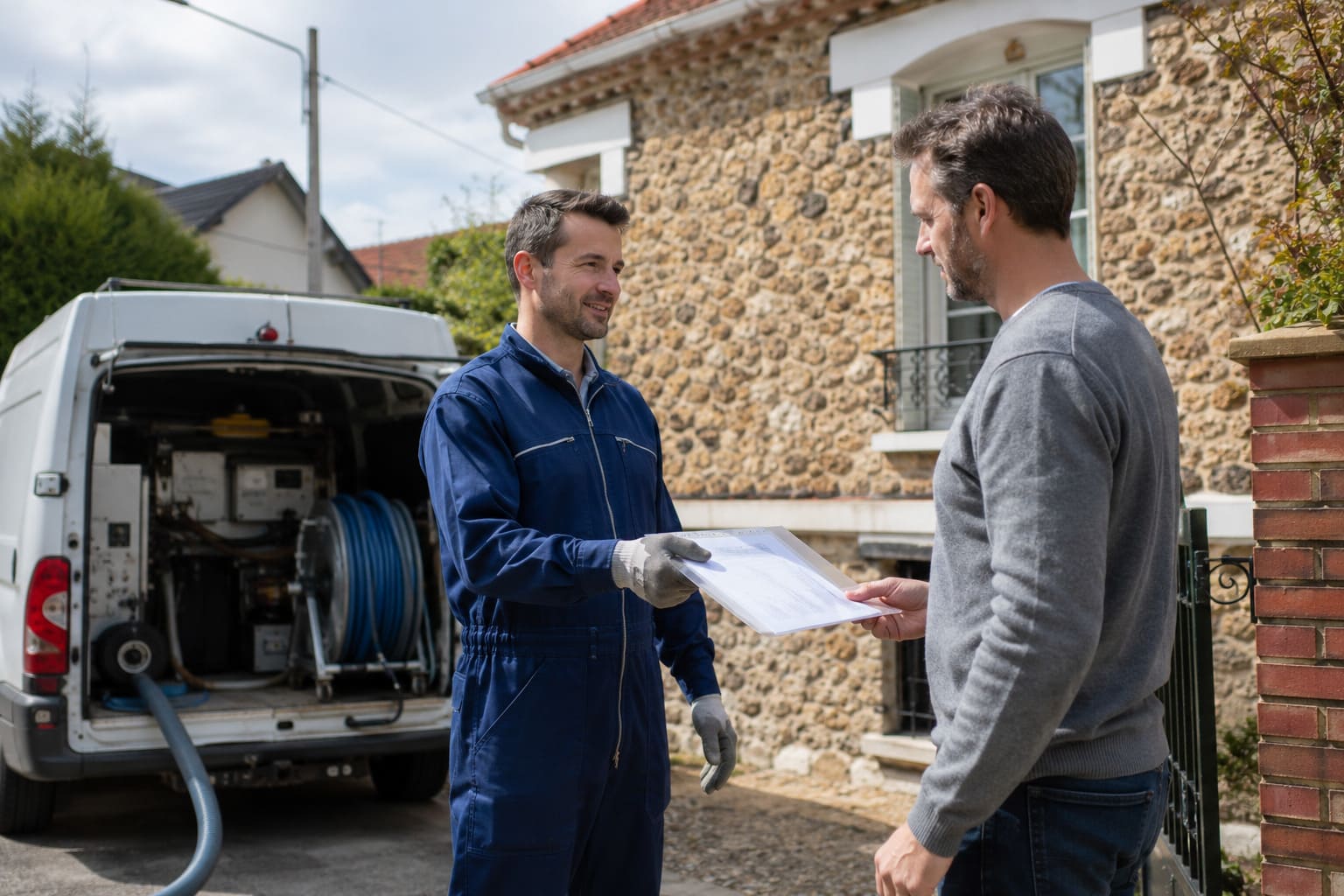 Technicien Assainitech remettant l'attestation de dégazage de cuve à fioul à un propriétaire avant une vente immobilière en Île-de-France