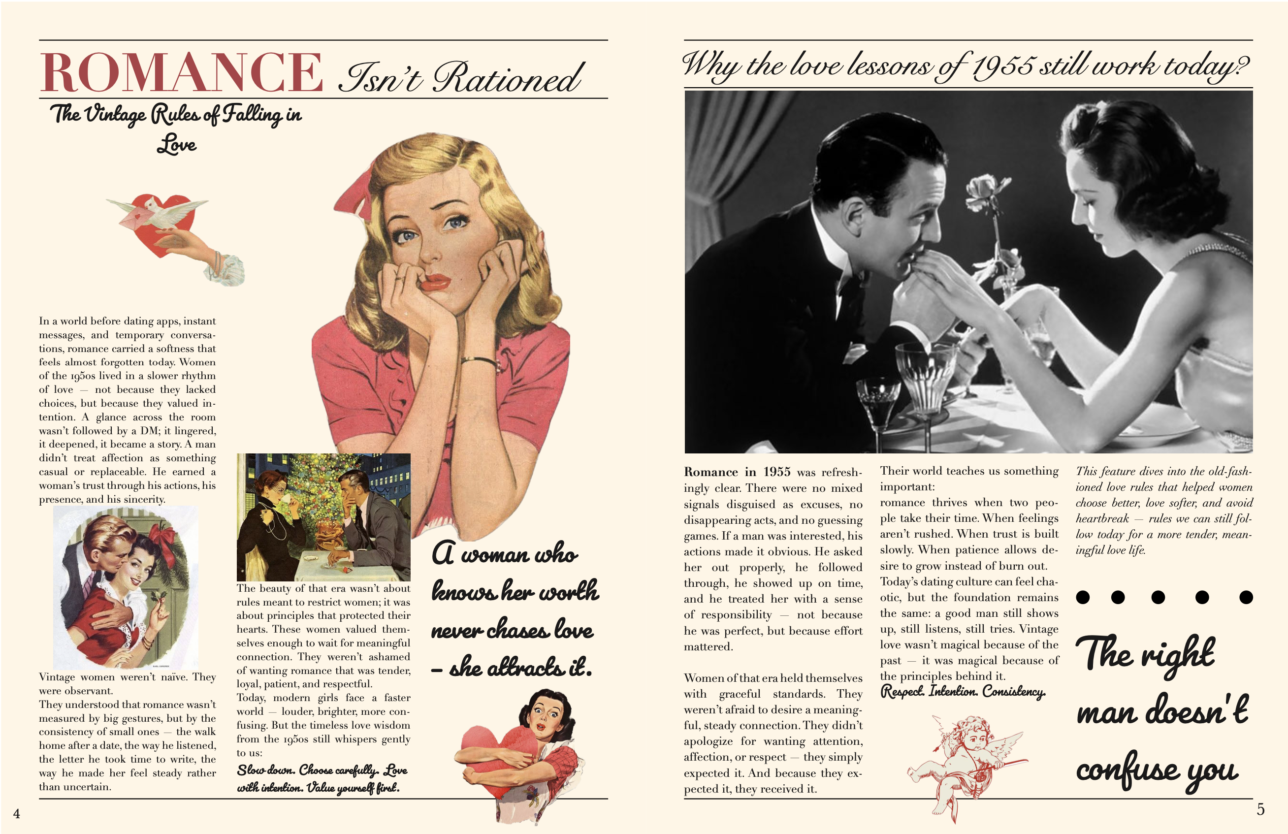 Two-page vintage magazine spread titled 'Romance Isn’t Rationed' with 1950s style illustrations of thoughtful women and a black-and-white photo of a man kissing a woman's hand across a dinner table.