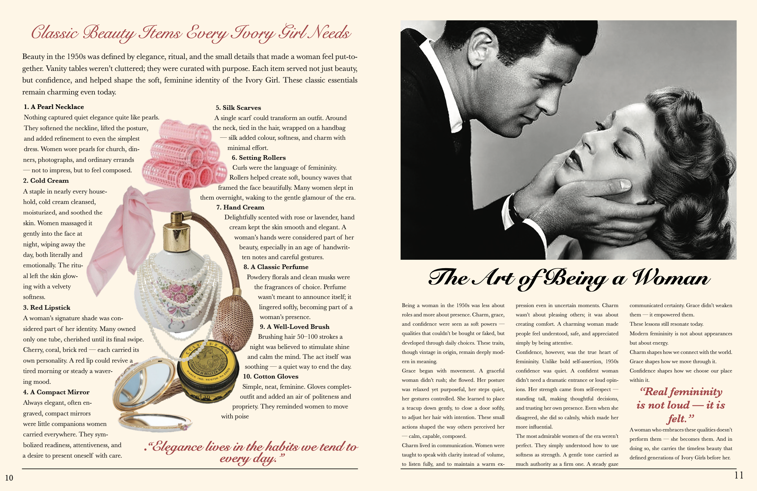 Two-page magazine spread titled 'Classic Beauty Items Every Ivory Girl Needs' on the left with text and images of vintage beauty items like pearl necklaces, cold cream, lipstick, and a compact mirror; on the right, a black and white photo of a man tenderly holding a woman's face, with the heading 'The Art of Being a Woman' and accompanying text about 1950s femininity.