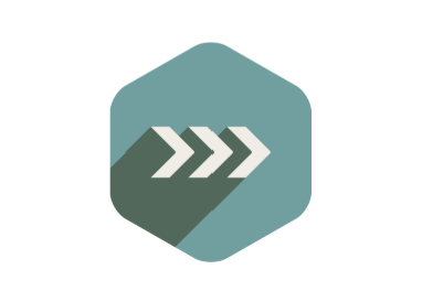 Pictogramme avec trois flèches blanches pointant vers la droite sur un fond hexagonal bleu-vert.