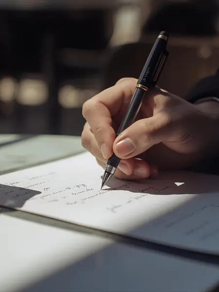 A lady handwriting a letter to a hiring manager.