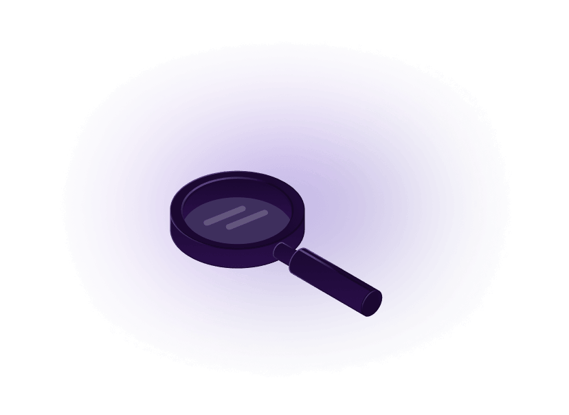 Purple magnifying glass icon centered on a black background with a soft purple glow around it.