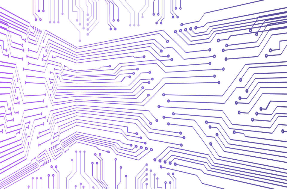 Close-up of purple circuit board lines and connection points on black background.