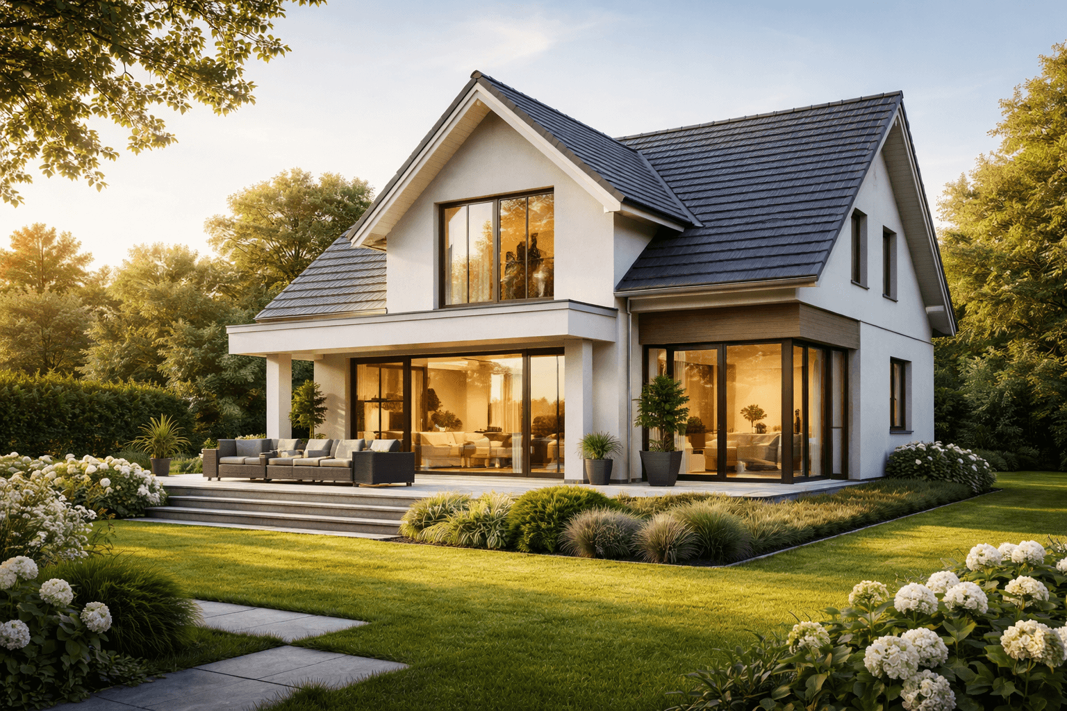 Modernes zweistöckiges Haus mit dunklem Dach, großen Fenstern, Sitzbereich im Freien und gepflegtem Garten mit grünem Rasen und weißen Blumen bei Sonnenuntergang.