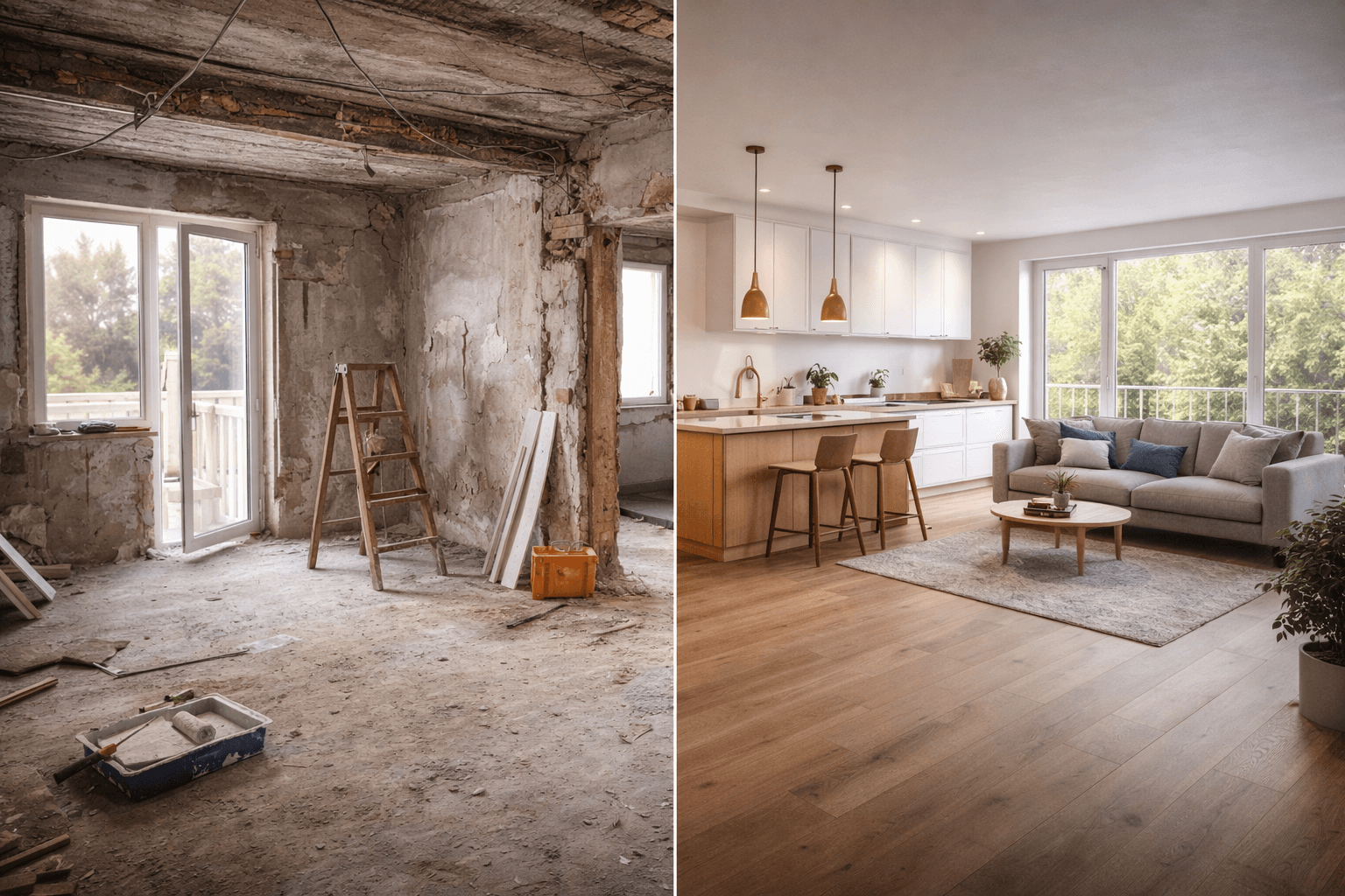 Direkter Vergleich zwischen einem unfertigen rustikalen Raum mit unverputzten Ziegelwänden und einem renovierten modernen Wohnbereich mit Holzböden, Kücheninsel und Sofa.