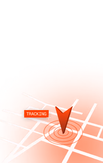 Red map marker labeled 'TRACKING' on a simplified white grid map with an orange background.