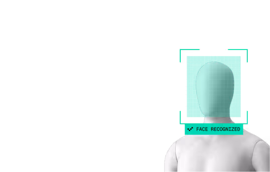 3D rendered humanoid figure with a green facial recognition square and the text 'FACE RECOGNIZED' below the face.