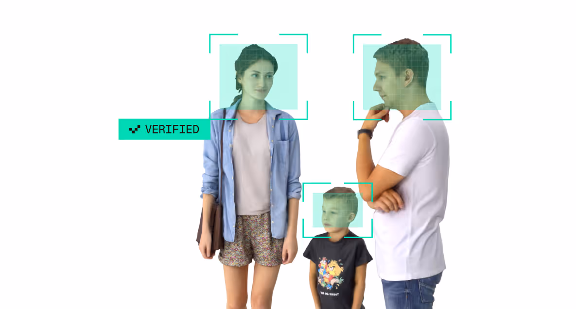Three people, a woman, a man, and a young boy, each with a digital face recognition frame around their heads and the label 'Verified' next to the woman.