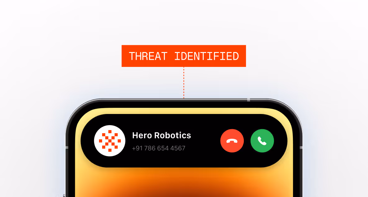 Top of a smartphone screen showing an incoming call from Hero Robotics with the message 'Threat Identified' above.