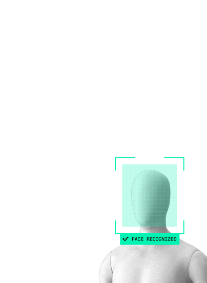 Faceless mannequin with head enclosed in a green digital square labeled 'FACE RECOGNIZED'.