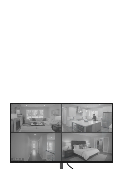 Surveillance monitor showing four camera views of a home interior: living room, kitchen with person, hallway, and bedroom.