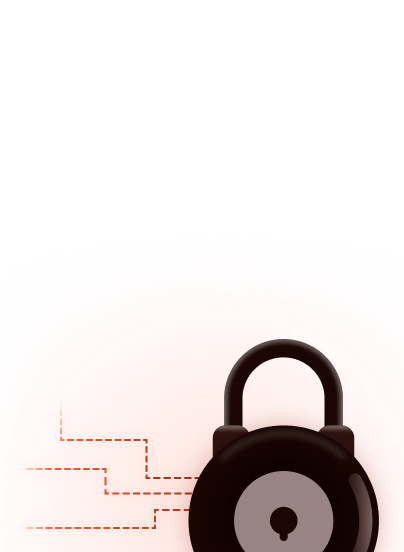 Black padlock icon with a circular keyhole over a red glowing gradient background.