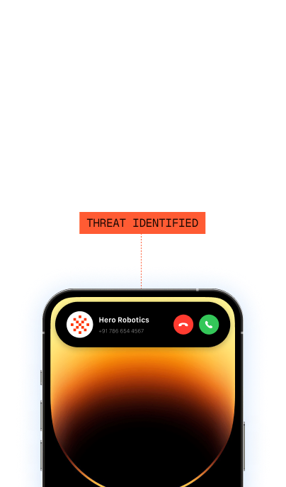 Smartphone screen with incoming call notification from Hero Robotics, phone number +91 786 654 4567, with call answer and decline buttons and a label 'THREAT IDENTIFIED' above.