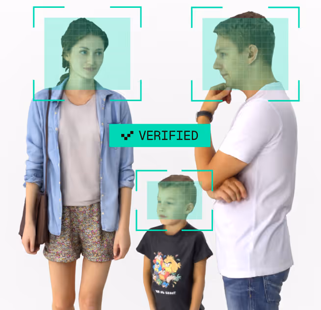 Woman, man, and boy with facial recognition boxes over their faces and a green verified checkmark label between the woman and man.