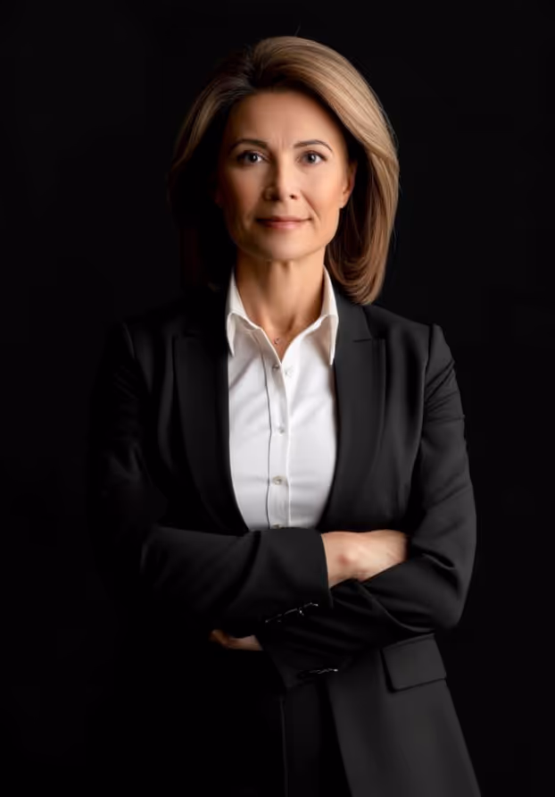 Professionell kvinna i svart kostym med korsade armar mot mörk bakgrund