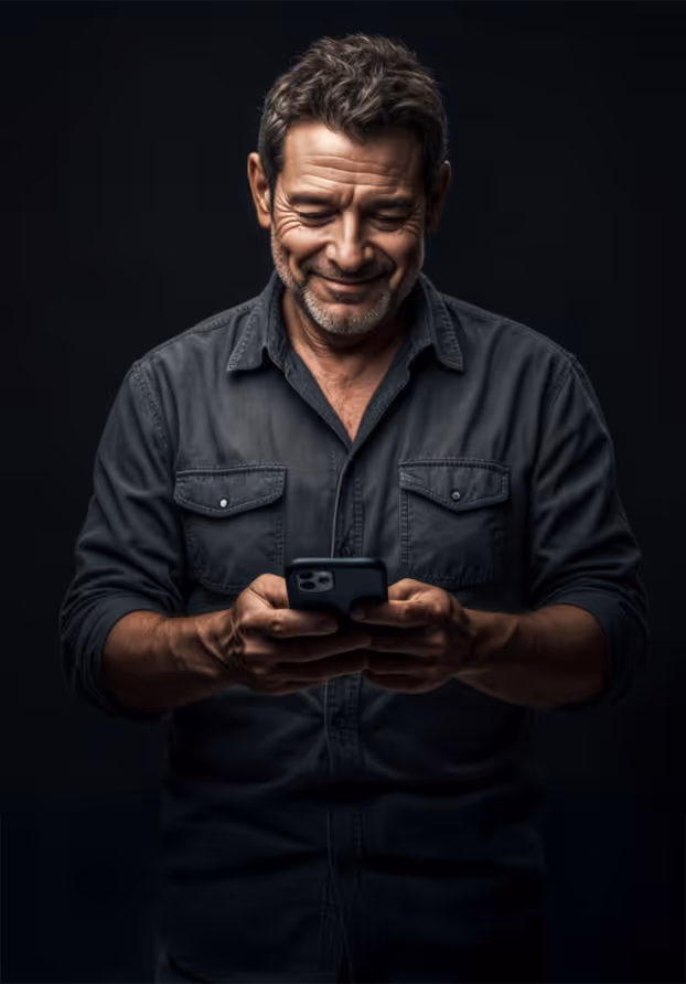 Medelålders person i svart skjorta som ler medan han använder mobiltelefon