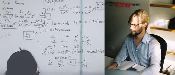 Matematisk tavla och person som studerar komplexa ekvationer