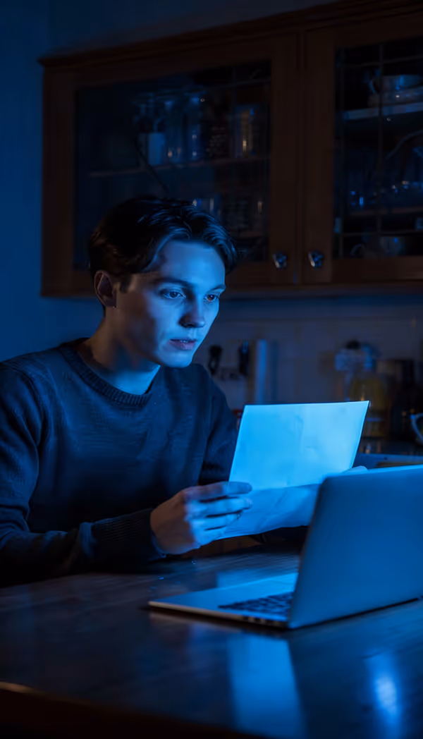 Person arbetar sent på natten med bärbar dator i blått skimrande ljus