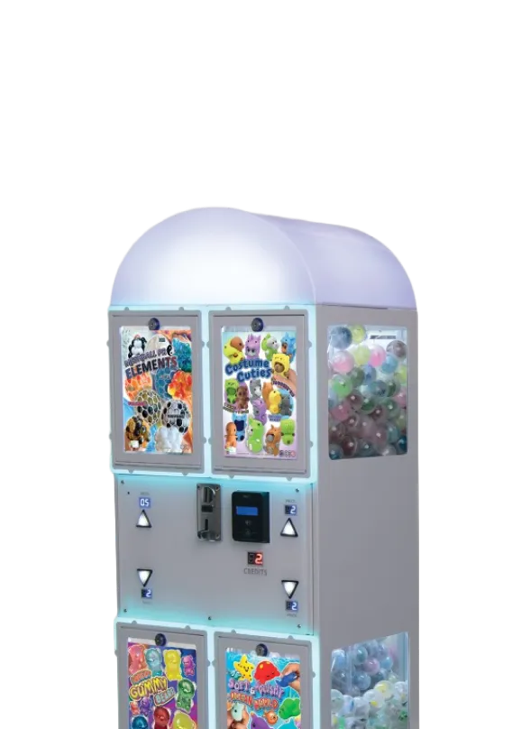 Multi-compartment capsule toy vending machine with colorful toys and characters visible behind transparent panels.