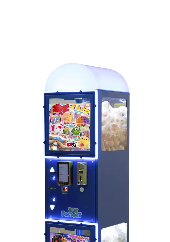 Blue vending machine labeled Toy Factory filled with white squishy toys and colorful promotional images for TikTok squishy toys.