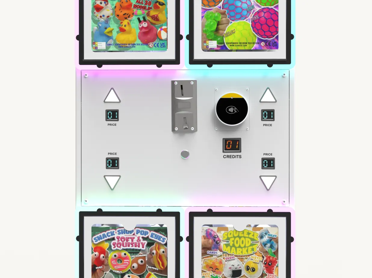 Front view of a vending machine panel with colorful toy options featuring rubber ducks, slime balls, snack-themed squishy toys, and food market squishies, with coin slot and digital price indicators.