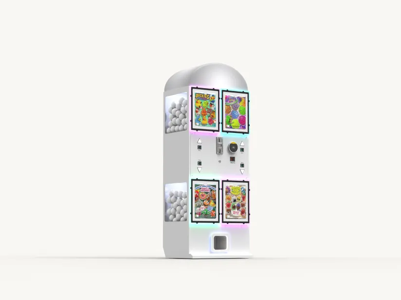 Tall white vending machine with glowing framed product displays featuring colorful toy capsule items and visible white capsules on the sides.