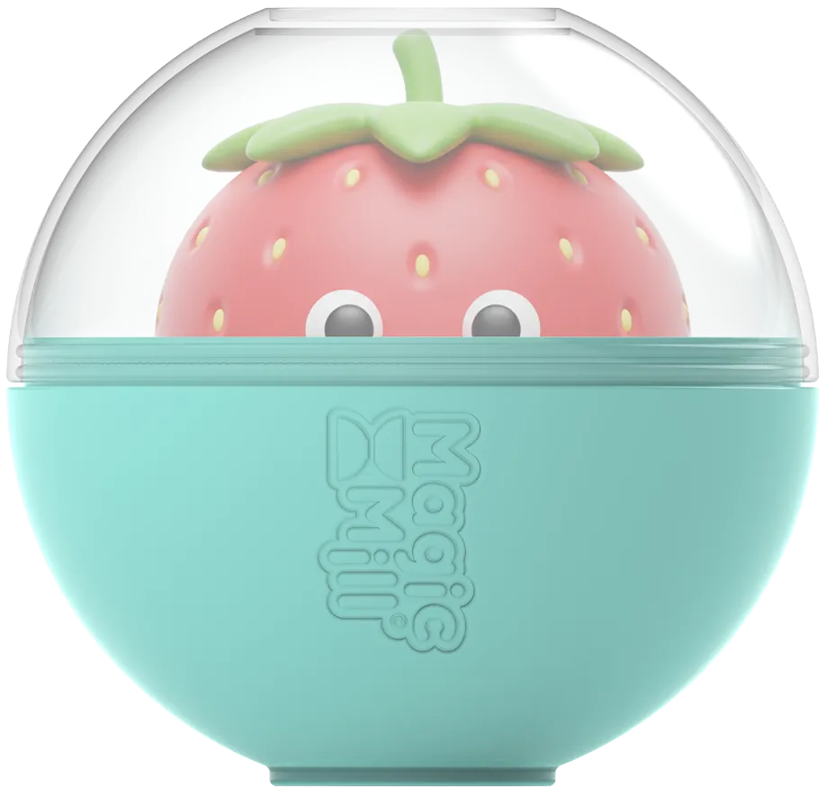 Round teal lip balm container with a clear dome showing a cute strawberry character inside.